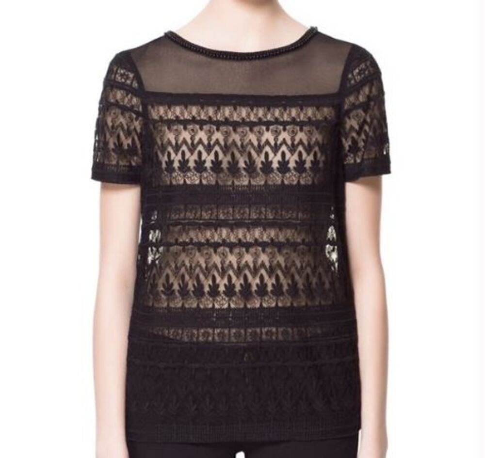Zara Basic Black Lace Beaded Sheer Top - Size Large Whimsy Goth Mesh